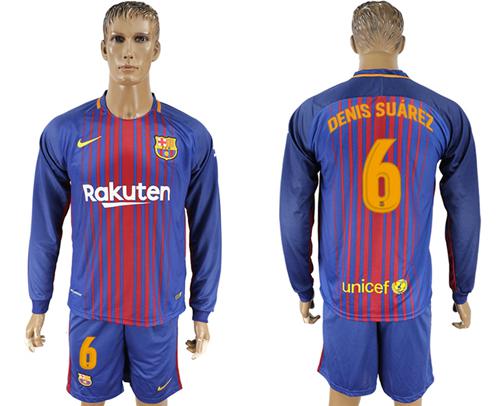 Barcelona #6 Denis Suarez Home Long Sleeves Soccer Club Jersey